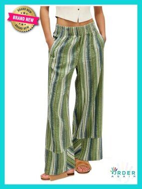 Wide Leg Palazzo Pants Elastic High Waisted Striped Flowy Casual Travel